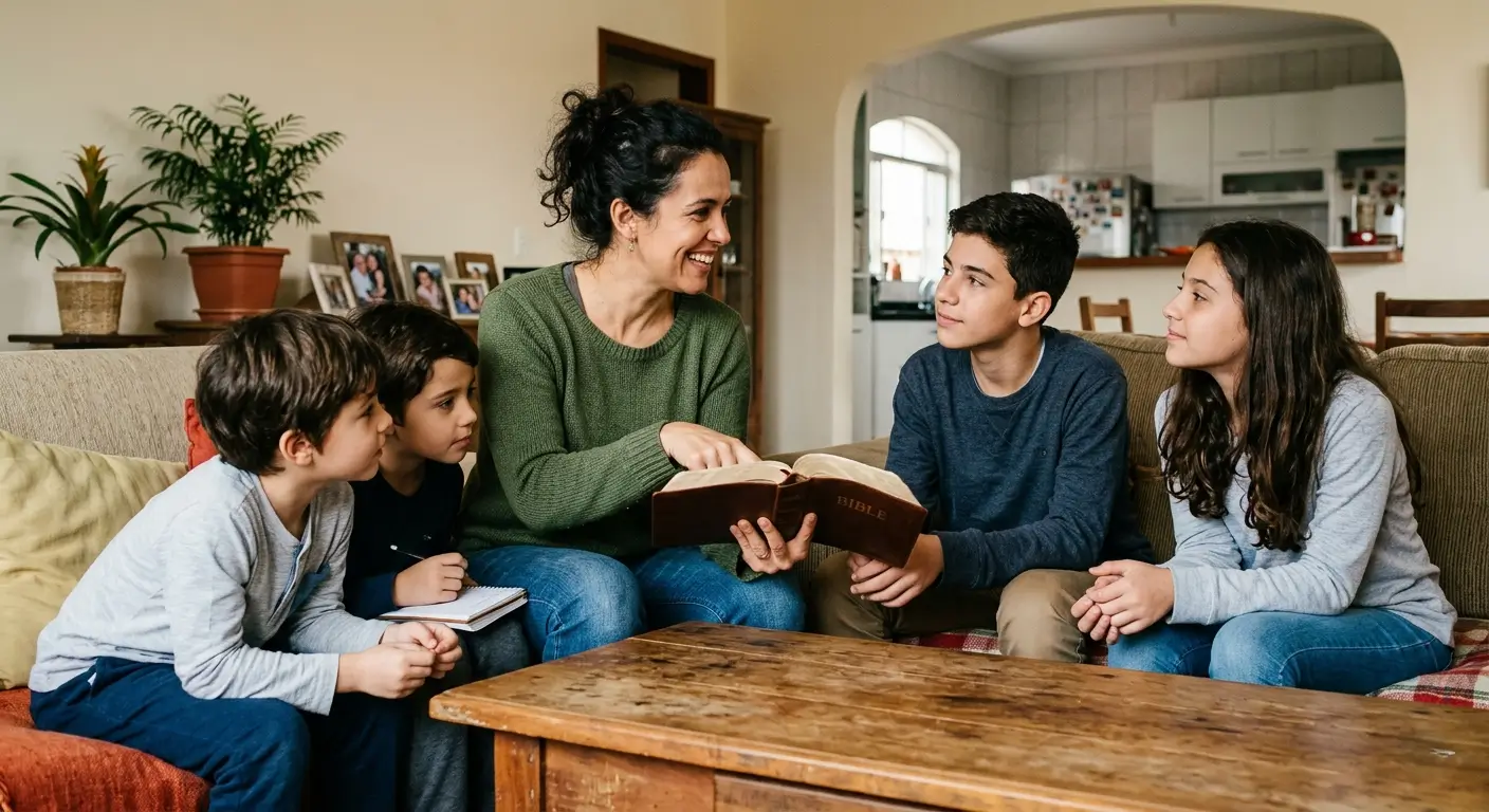 Mãe ensinando filhos com a Bíblia — transformação familiar